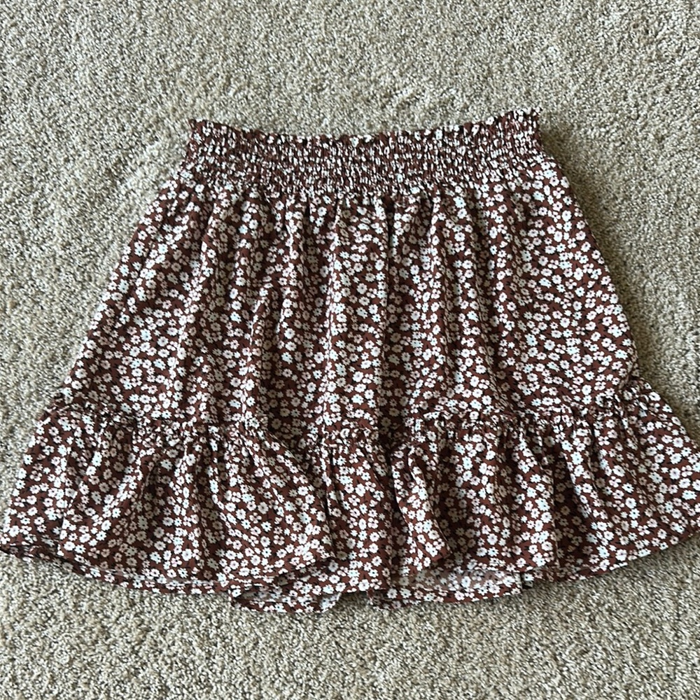 Brown and White Smocked Ruffled Mini Skirt